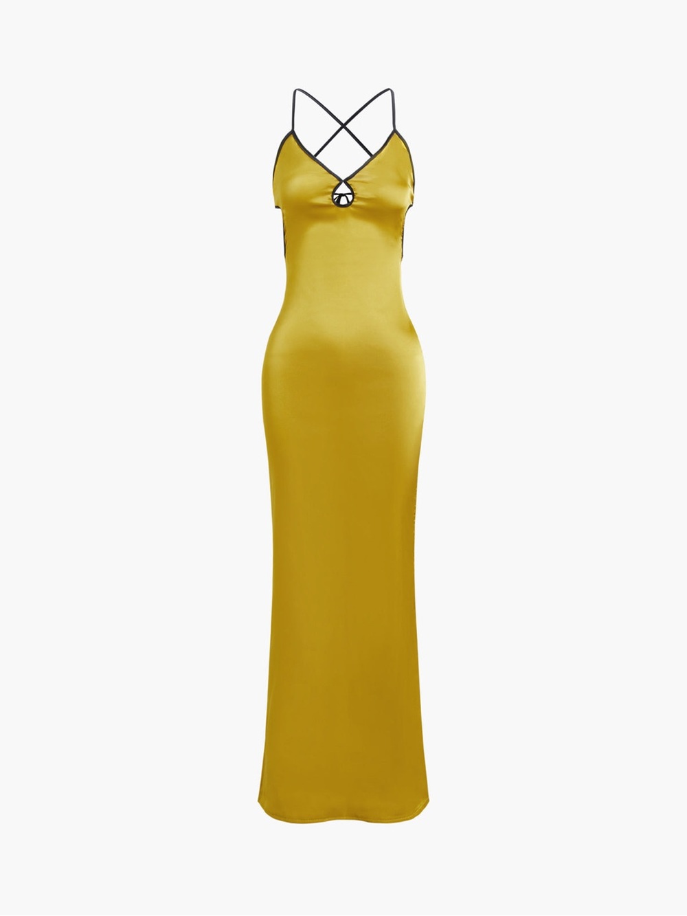 Mustard Satin Slip Maxi Dress with Open Back and Crisscross Straps
